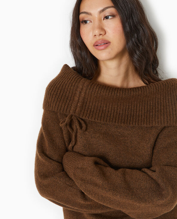 Pull oversize avec encolure Bardot et lien coulissé marron - Pimkie