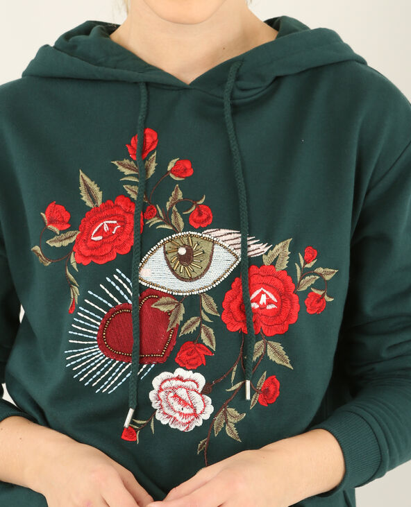 Sweat brodé à capuche vert foncé - Pimkie