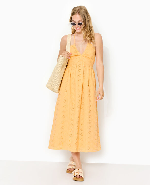Robe longue en broderie anglaise bretelles croisées orange - Pimkie