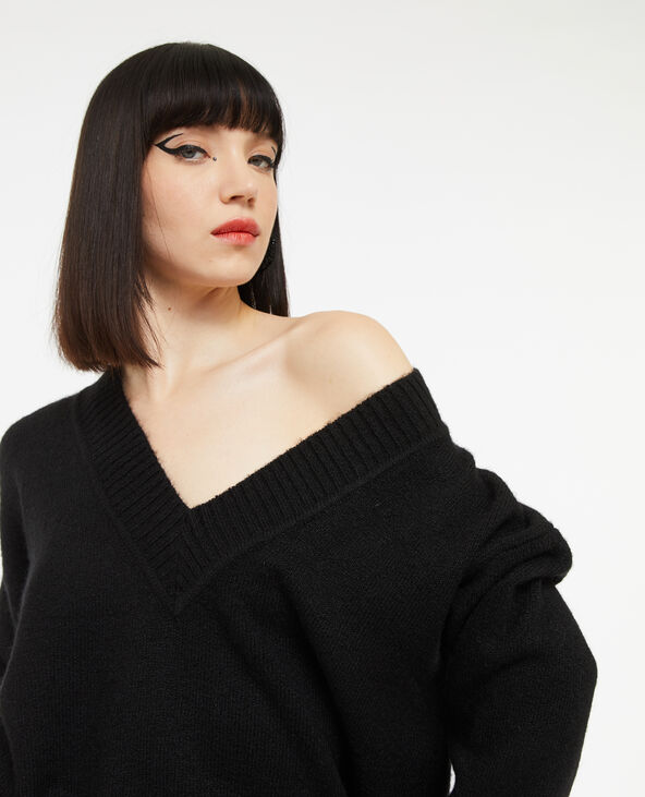 Pull droit avec grand col V noir - Pimkie