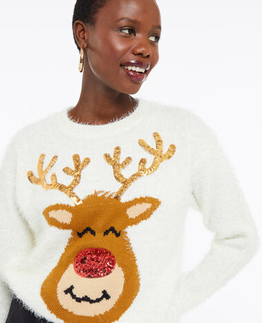Pull de Noël avec renne en maille et sequins blanc - Pimkie