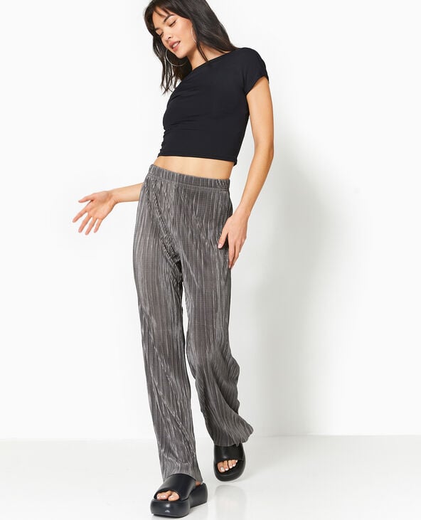 Pantalon large en tissu plissé et satiné gris foncé - Pimkie