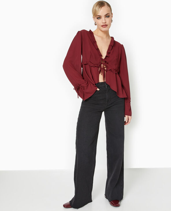 Blouse avec volant et nouettes bordeaux - Pimkie