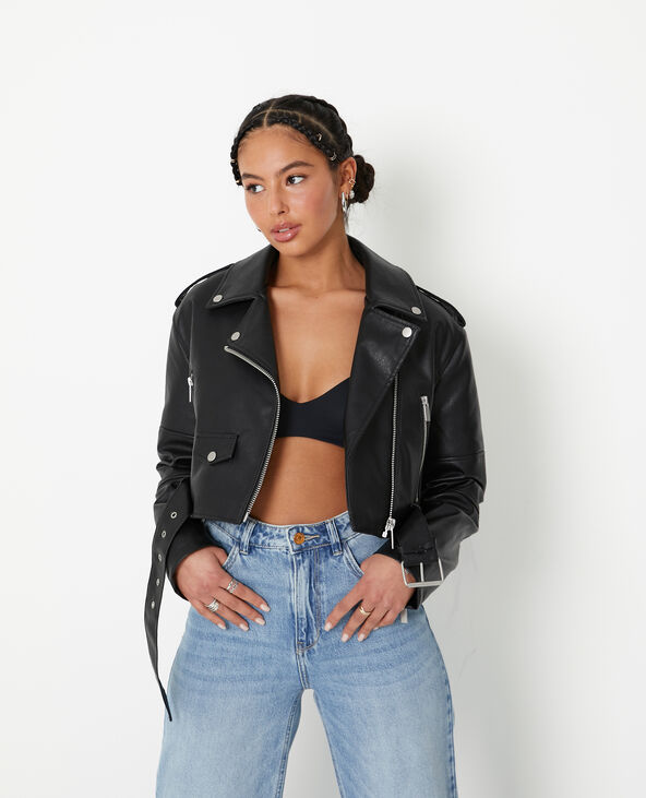 Blouson biker court avec ceinture noir - Pimkie