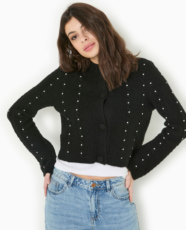 Gilet col rond avec torsades et strass noir - Pimkie