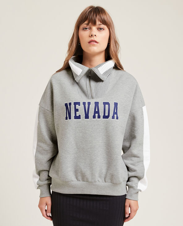 Sweat col zippé maille côtelée gris chiné - Pimkie