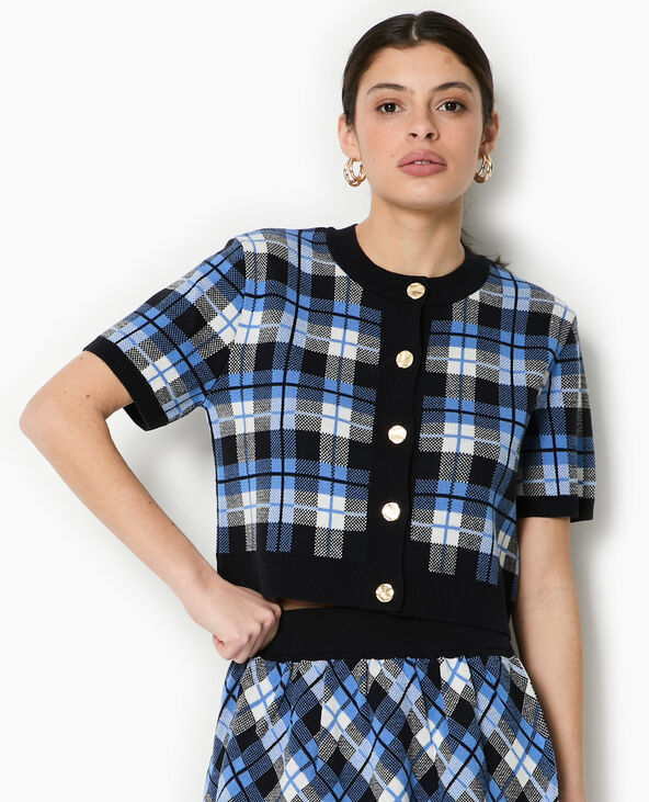 Gilet manches courtes motif carreaux jacquard bleu - Pimkie
