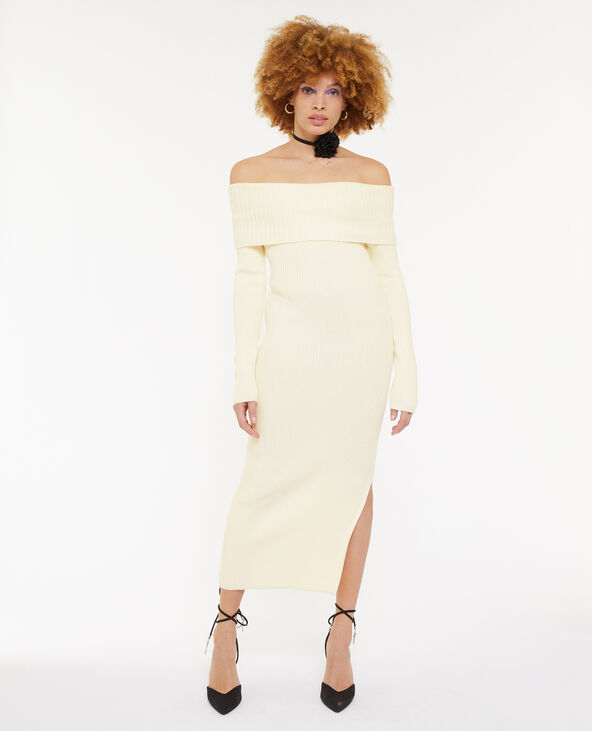 Robe longue en maille encolure Bardot écru - Pimkie