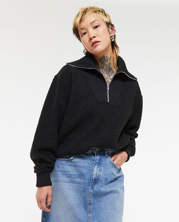 Sweat en sherpa avec col camionneur noir - Pimkie