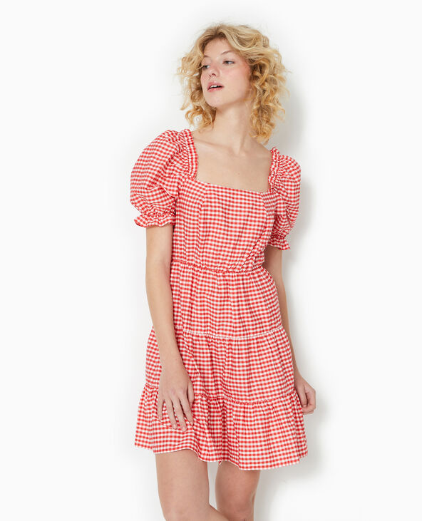 Robe courte avec manches ballons motif vichy rouge - Pimkie