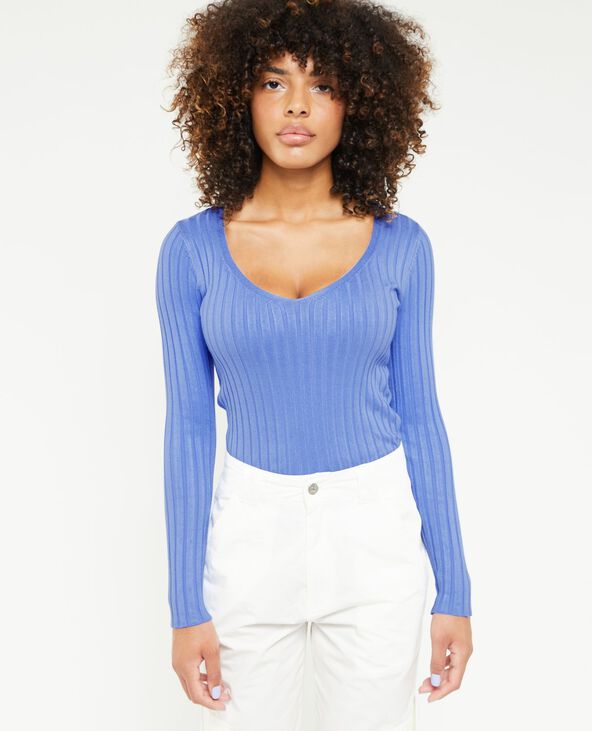 Pull col V maille côtes plates bleu - Pimkie