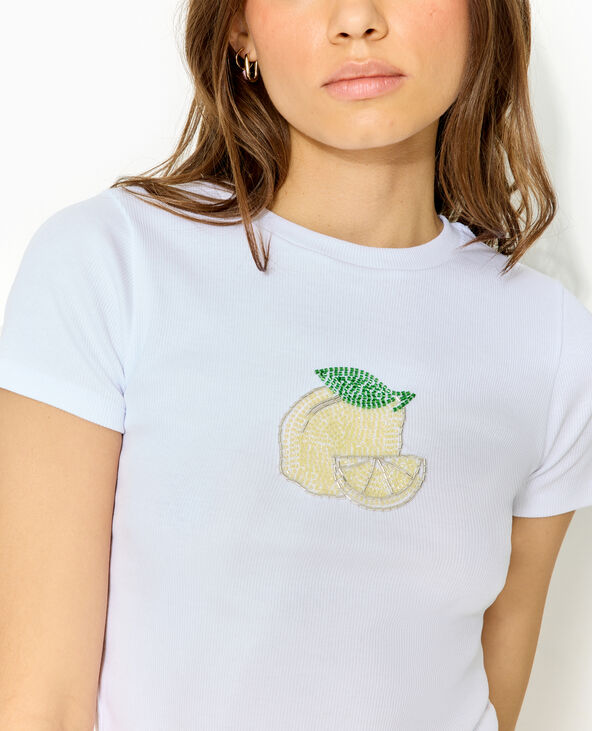 T-shirt ajusté en maille côtelée avec citron blanc - Pimkie