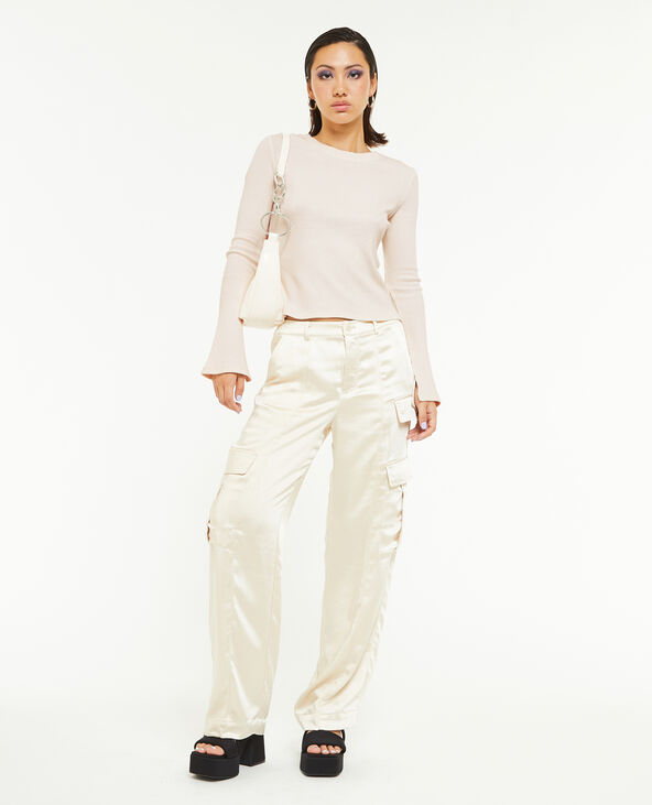 Pull fin en maille côtelée col rond beige - Pimkie