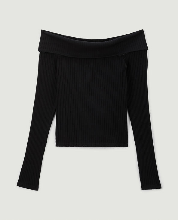 Top encolure Bardot maille côtelée noir - Pimkie