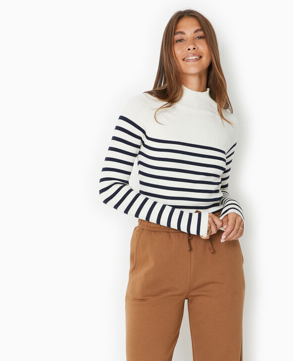 Pull fin rayé en maille côtelée col montant écru - Pimkie