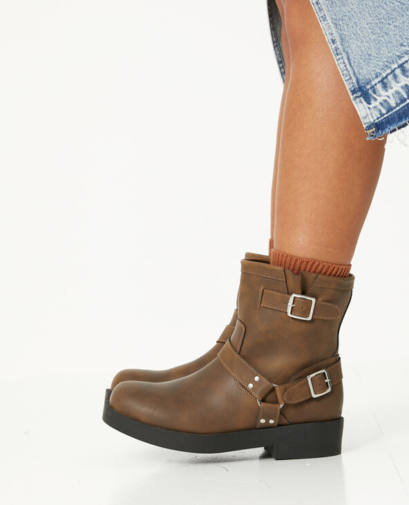 Boots motardes avec détails brides et boucle marron - Pimkie