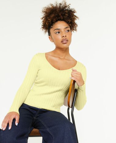 Pull col V maille côtes plates jaune - Pimkie
