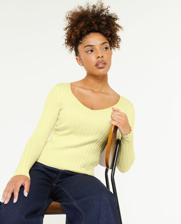 Pull col V maille côtes plates jaune - Pimkie