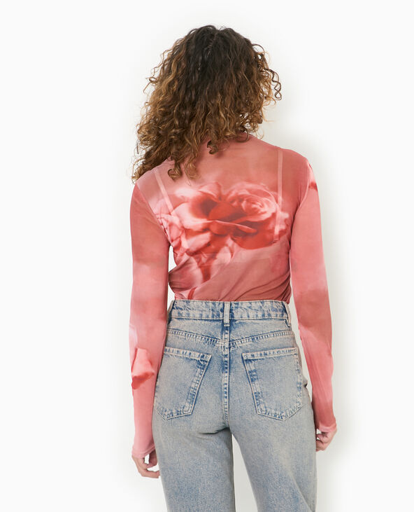 Top manches longues en résille motif roses rouge - Pimkie