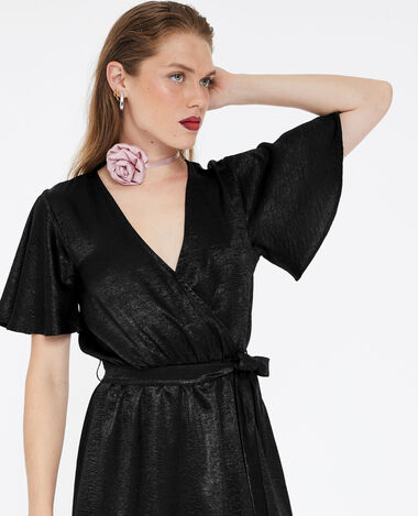 Robe longue satinée cache-cœur noir - Pimkie