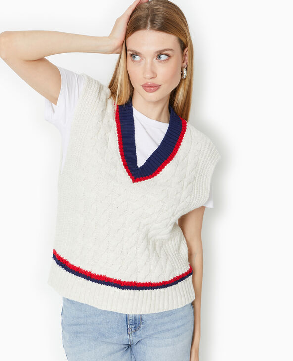Pull sans manches col V avec torsades blanc - Pimkie