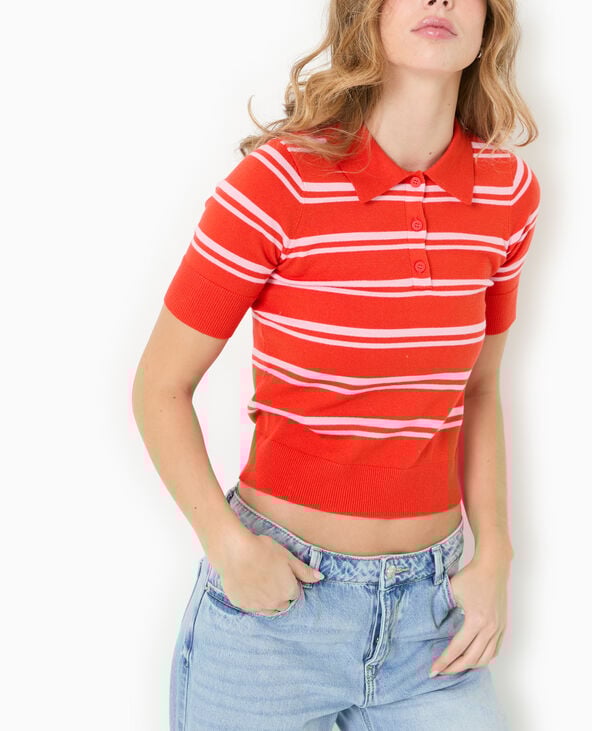 Pull manches courtes col polo motif rayures rouge - Pimkie