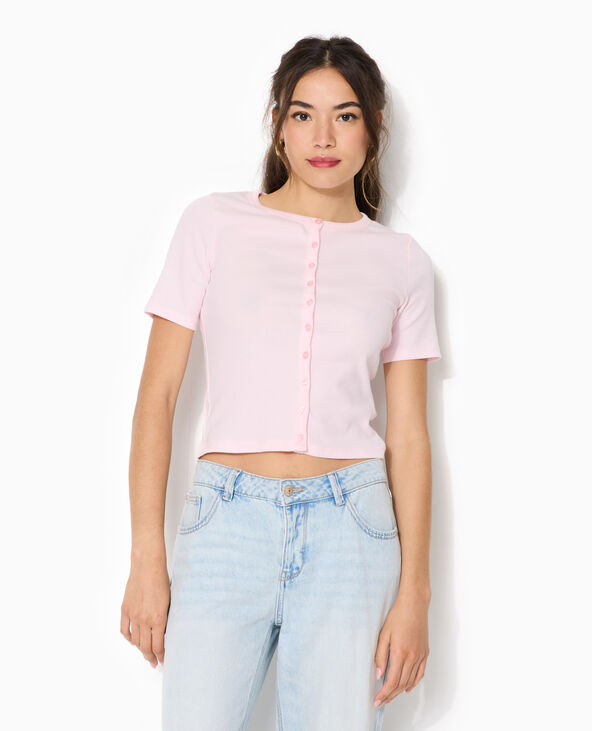 T-shirt boutonné en maille côtelée rose clair - Pimkie