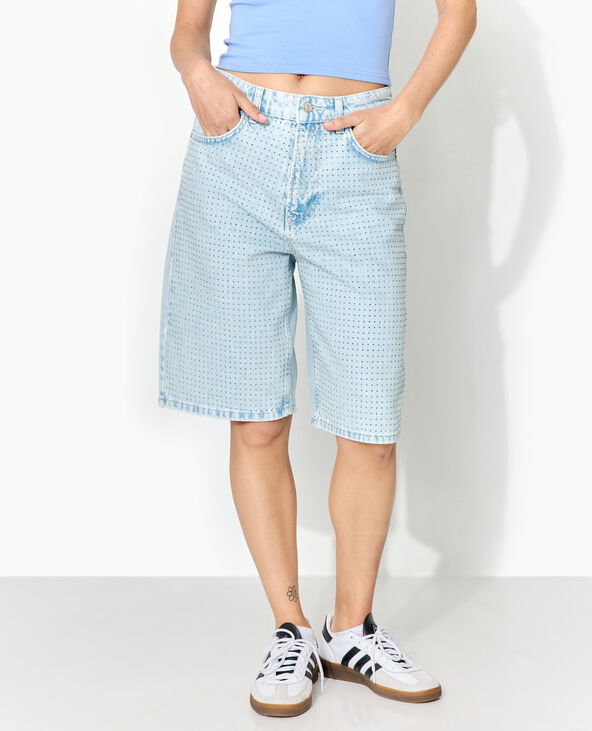 Bermuda en jean avec strass devant bleu clair - Pimkie