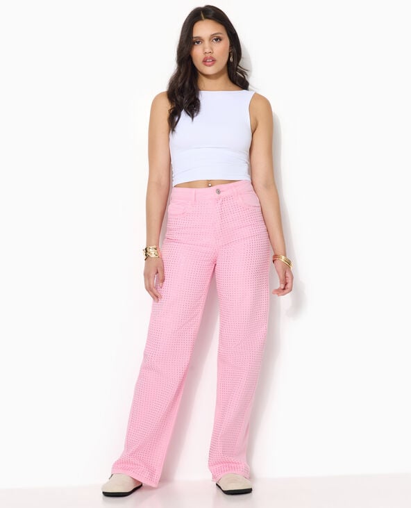 Jean droit taille haute avec strass devant rose - Pimkie