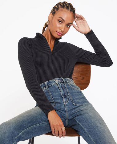 Top col zippé manches longues gris foncé - Pimkie