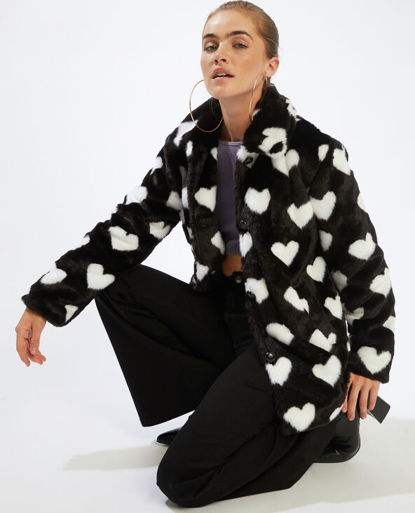 Manteau fausse fourrure imprimé cœurs noir - Pimkie