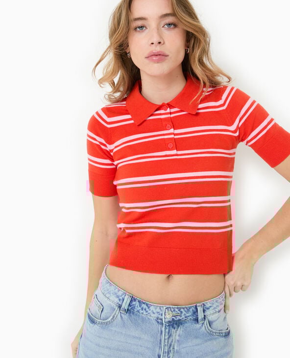 Pull manches courtes col polo motif rayures rouge - Pimkie