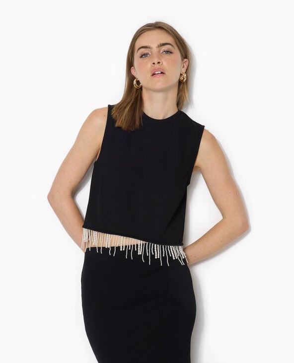 T-shirt sans manches avec franges de perles noir - Pimkie