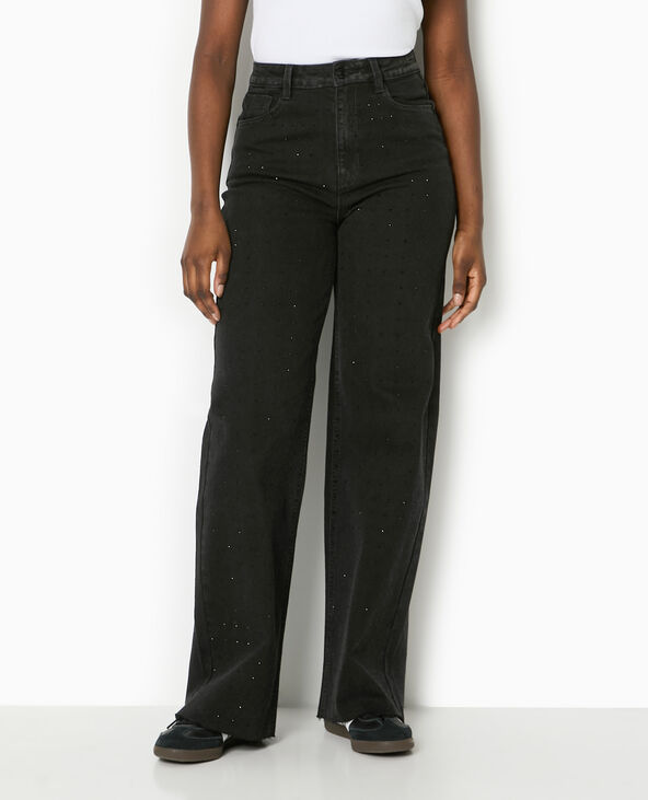 Jean wide taille haute avec brillants noirs noir - Pimkie