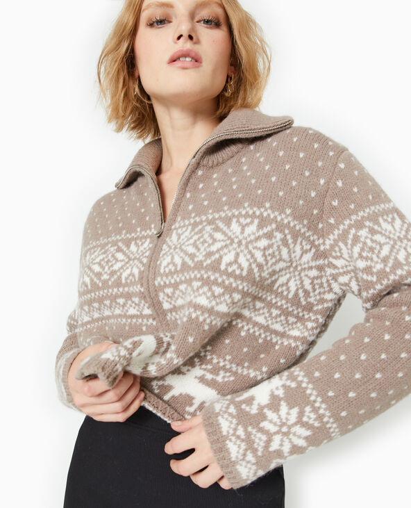 Gilet court zippé avec motifs de Noël taupe - Pimkie