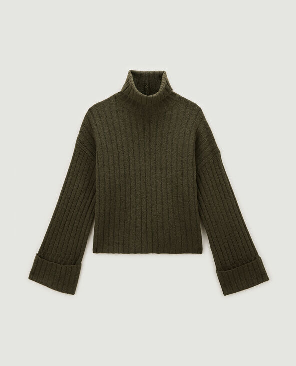 Pull court col roulé en maille côtes plates vert kaki - Pimkie
