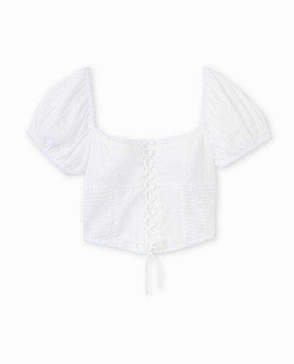 Top court avec laçage et smocks blanc - Pimkie