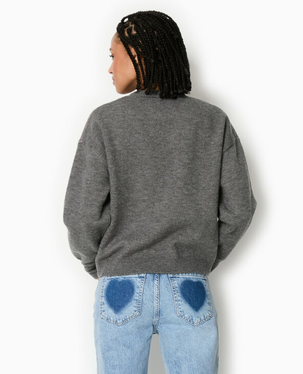 Pull col rond motif jacquard et cœurs gris foncé - Pimkie