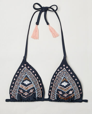 Triangle ethnique avec pompons bleu marine - Pimkie