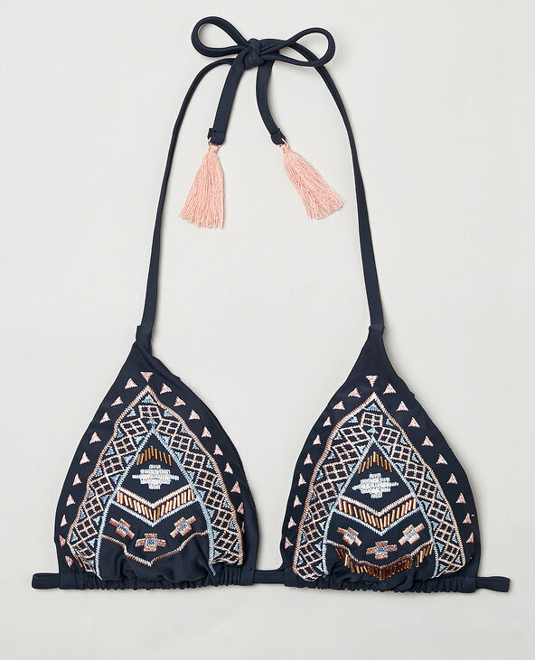 Triangle ethnique avec pompons bleu marine - Pimkie