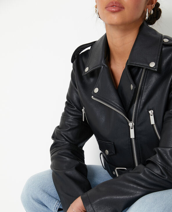 Blouson biker court avec ceinture noir - Pimkie