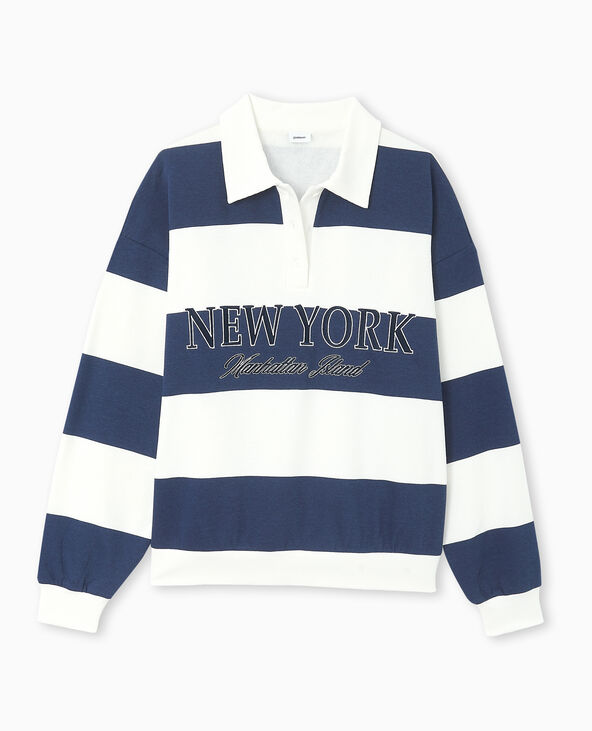 Sweat à rayures avec col polo et broderie bleu - Pimkie