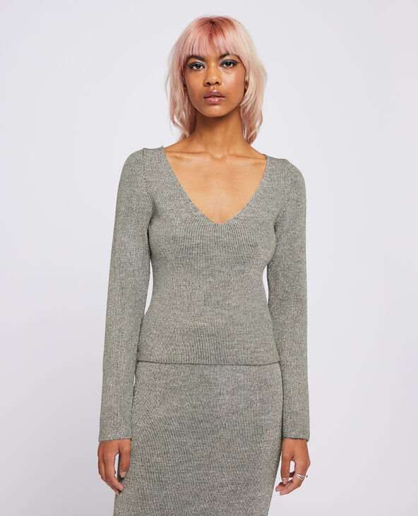 Pull col V en maille côtelée avec lurex argenté - Pimkie