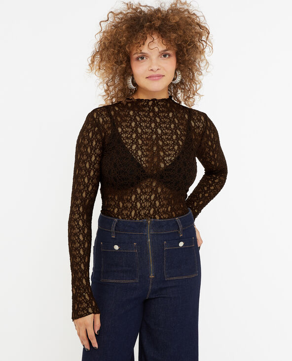 Top col montant en dentelle marron - Pimkie