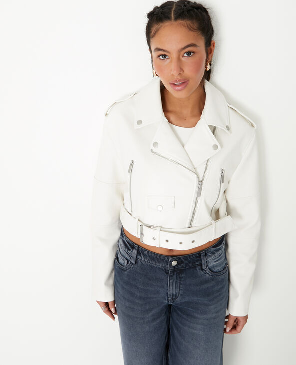 Blouson biker court avec ceinture écru - Pimkie
