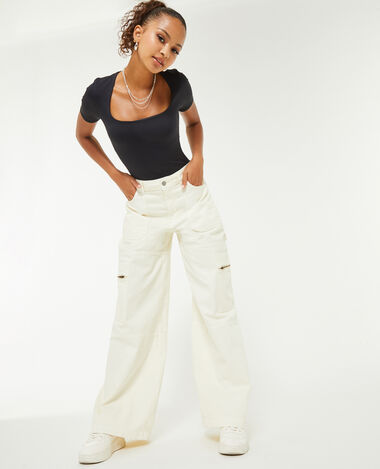 Pantalon ample cargo uni écru - Pimkie