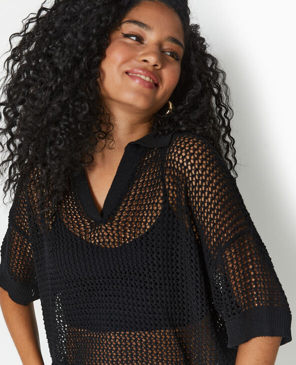 Pull polo manches courtes en maille ajourée noir - Pimkie