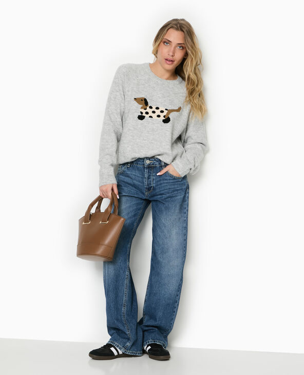 Pull en maille avec chien gris chiné - Pimkie