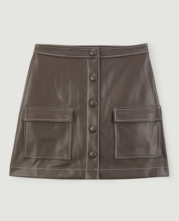 Jupe courte boutonnée en simili cuir taupe - Pimkie