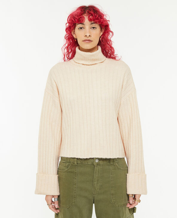Pull court col roulé en maille côtes plates beige - Pimkie